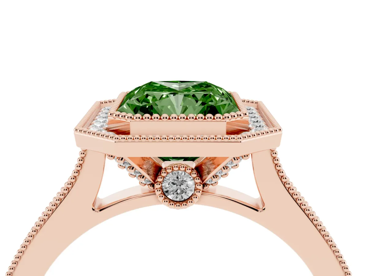 Fancy Green Halo Radiant Cut-Cut Diamond Pave Band Milgrain Prong Setting Ring Rose gold
