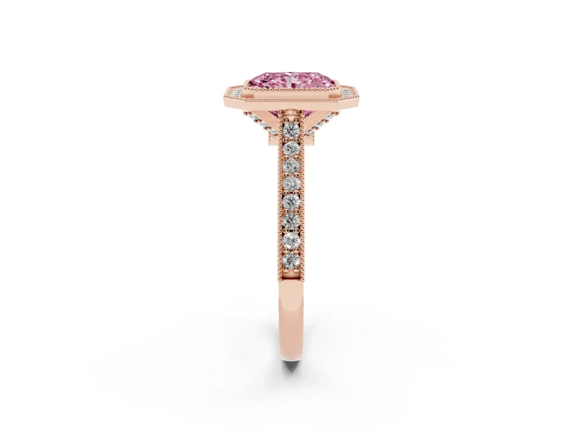 Fancy Pink Halo Radiant Cut-Cut Diamond Pave Band Milgrain Prong Setting Ring Rose gold