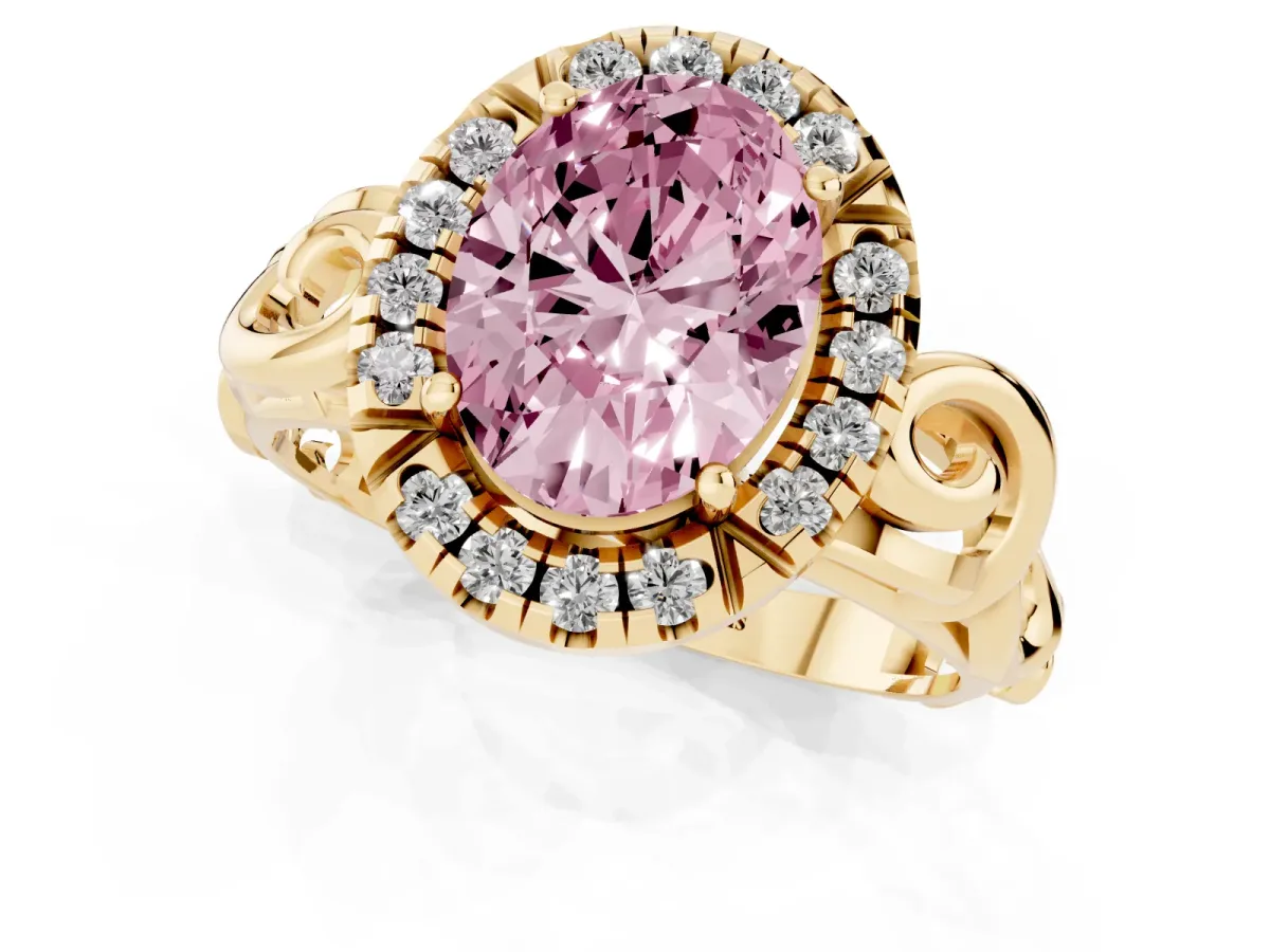 Fancy Pink Oval Cut Cut Halo Diamond Ring with Scrollwork Band and Four-Prong Setting Yellow gold