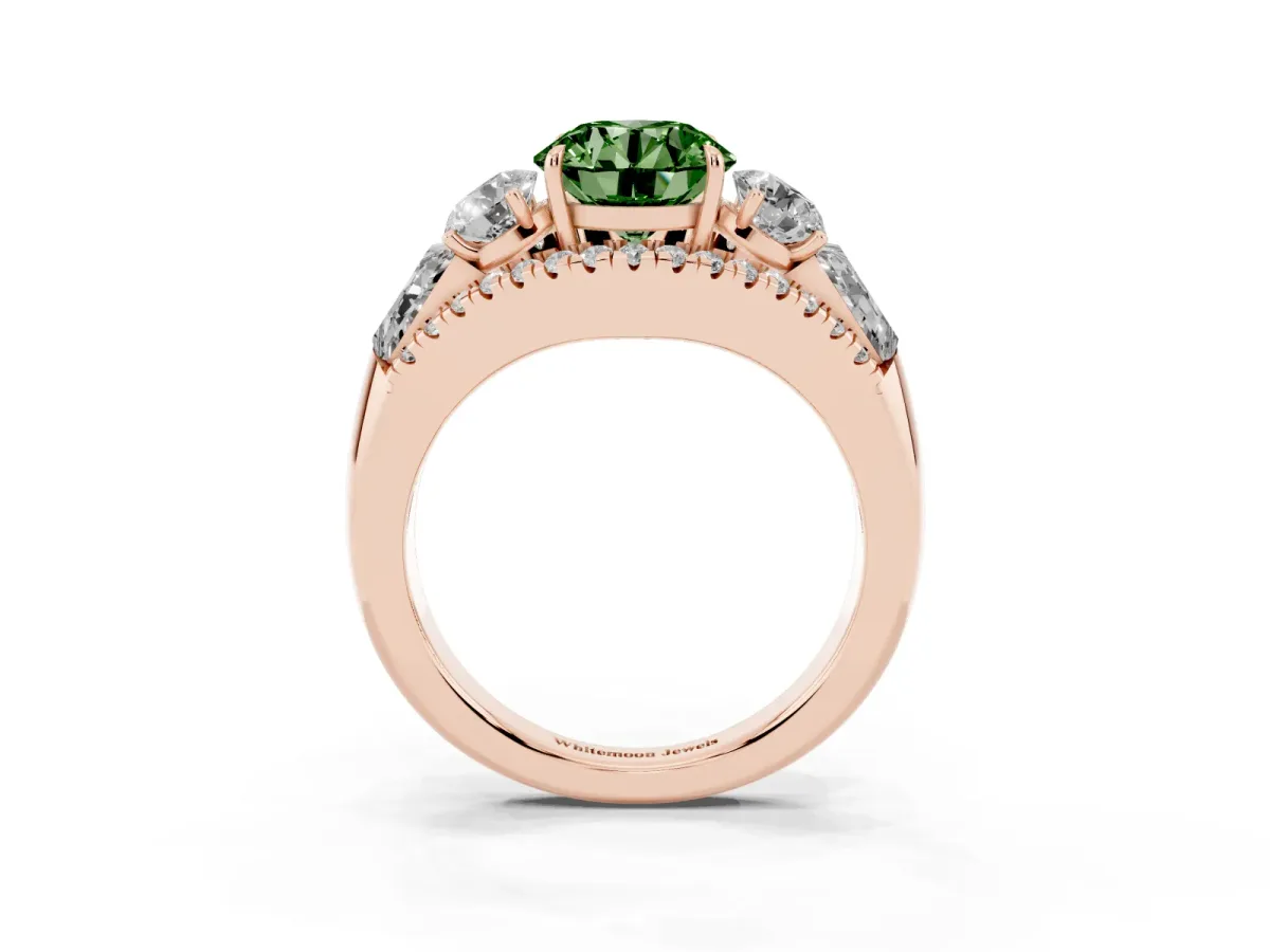 Fancy Green Three-Stone Round Cut Diamond Engagement Ring with Pave Band and Prong Setting Rose gold