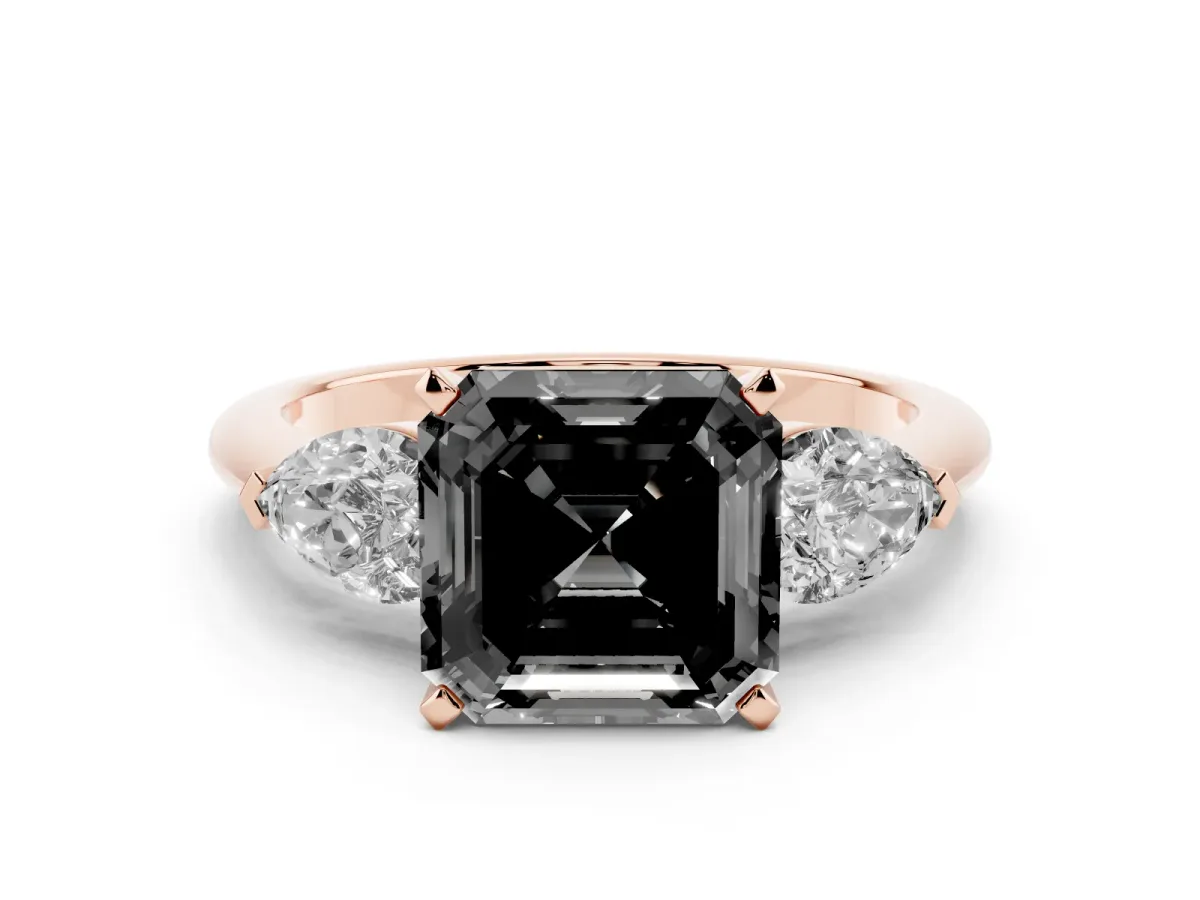 Fancy Black Three-Stone Asscher Cut Diamond Ring with Pear Side Stones and Four-Prong Setting Rose gold