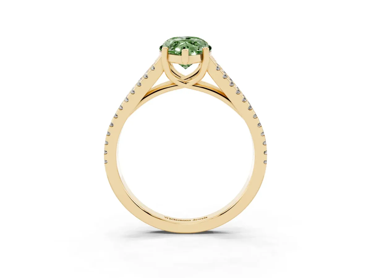 Fancy Green Marquise Cut Diamond Solitaire Engagement Ring with Split Shank Pavé Band Yellow gold