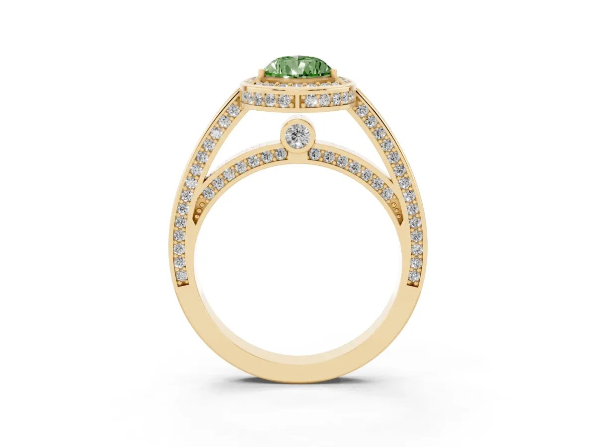 Fancy Green Pear Cut Cut Halo Pave Split Shank Prong Setting Ring Yellow gold