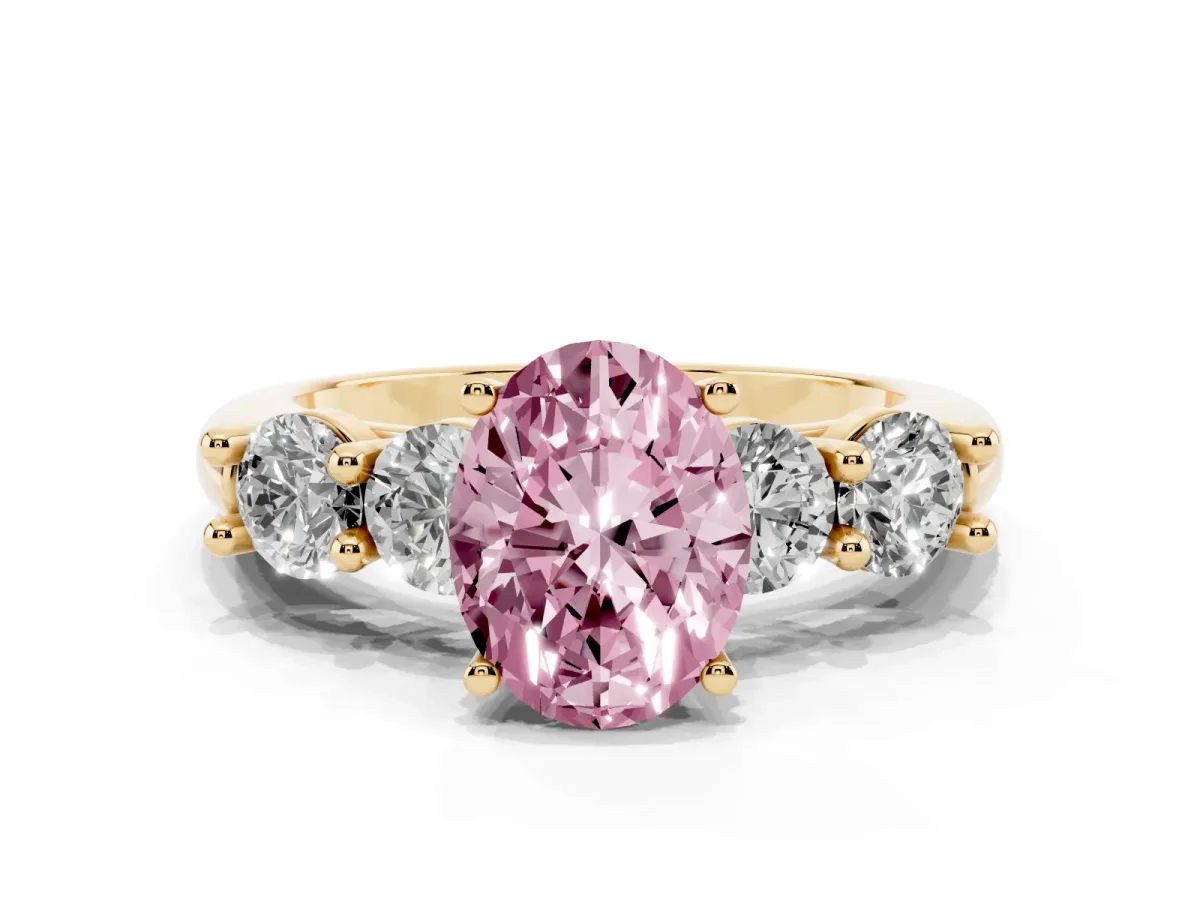 Fancy Pink Oval Cut Cut Five-Stone Prong Set Diamond Ring with Classic Band Yellow gold