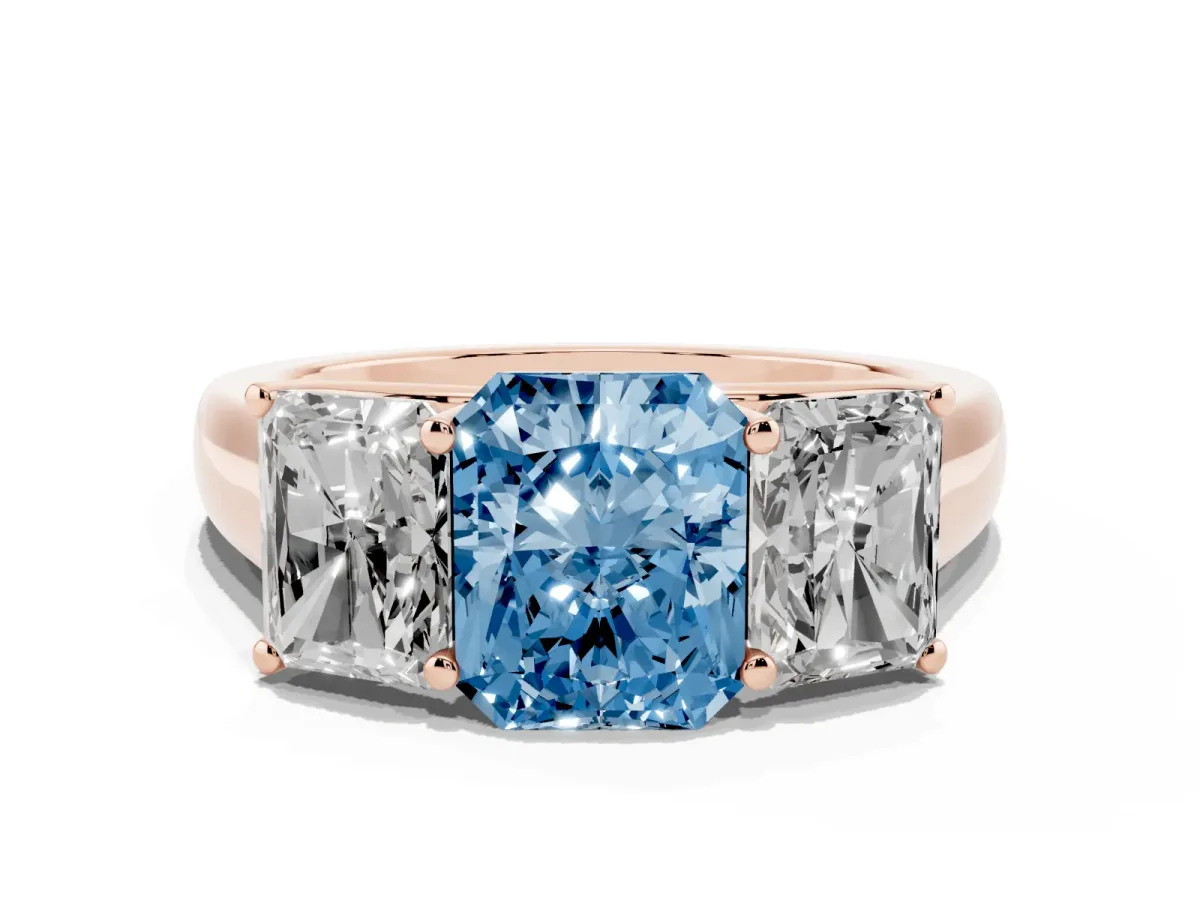Fancy Blue Radiant Cut Three-Stone Diamond Ring with Prong Setting on a Classic Band Rose gold