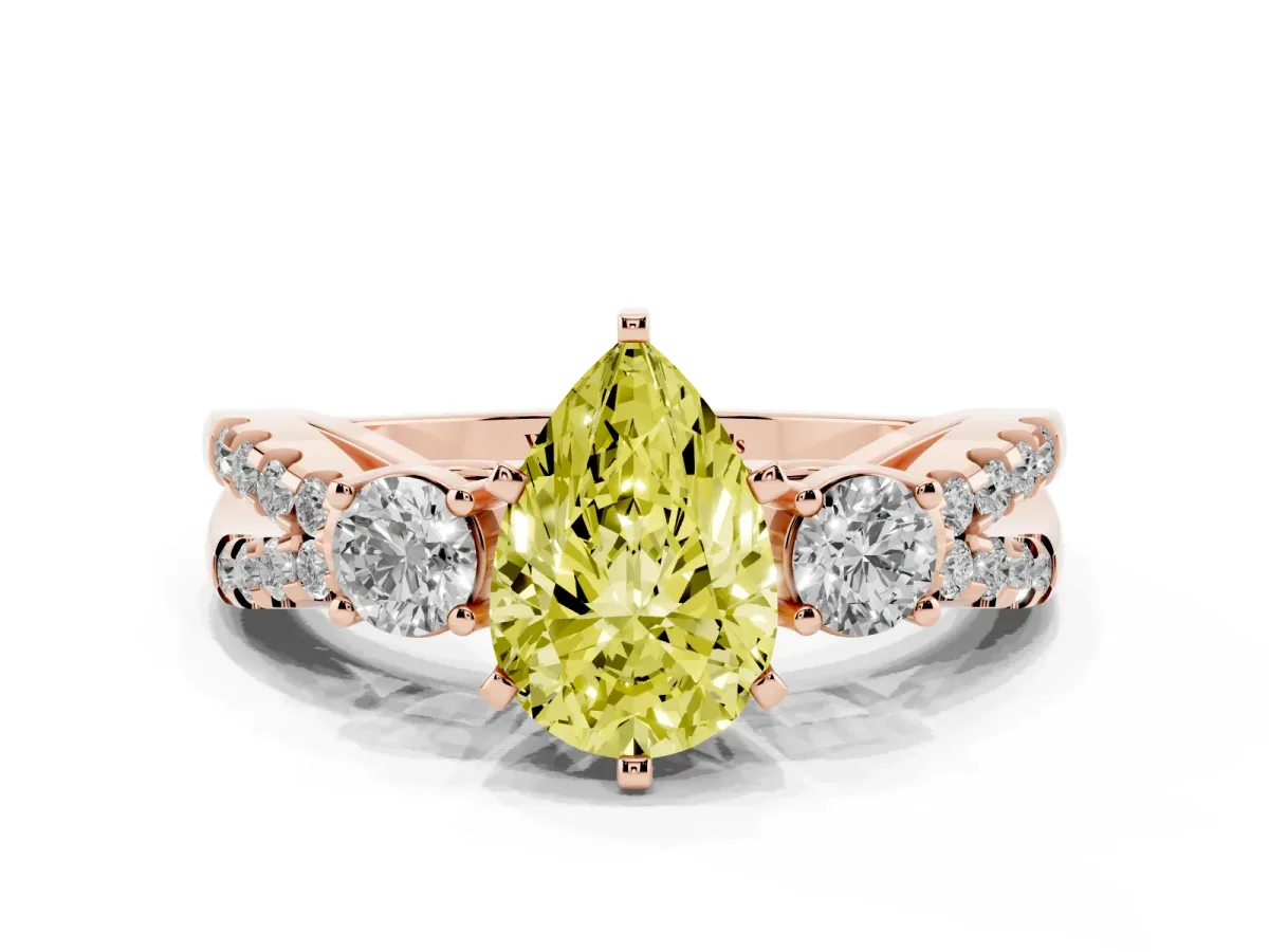 Fancy Yellow Pear Cut Diamond Three-Stone Ring with Pavé Split Shank and Four-Prong Setting Rose gold