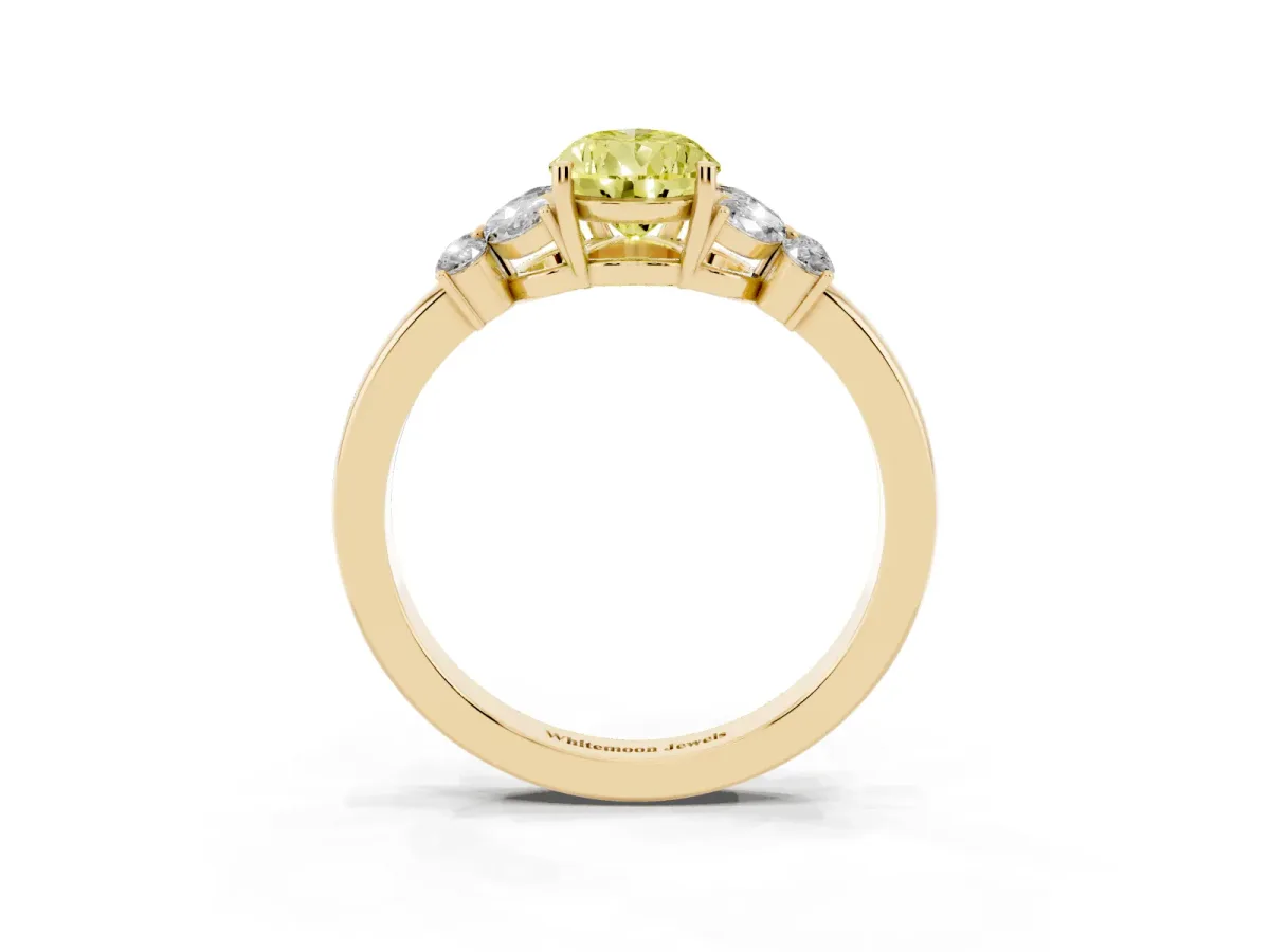 Fancy Yellow Pear Cut Cut Solitaire Floral Diamond Ring with Four-Prong Setting Yellow gold