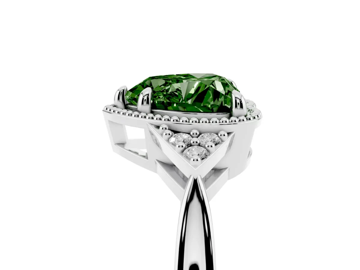 Fancy Green Heart Cut Diamond Halo Ring with Tapered Band and Four-Prong Setting Platinum