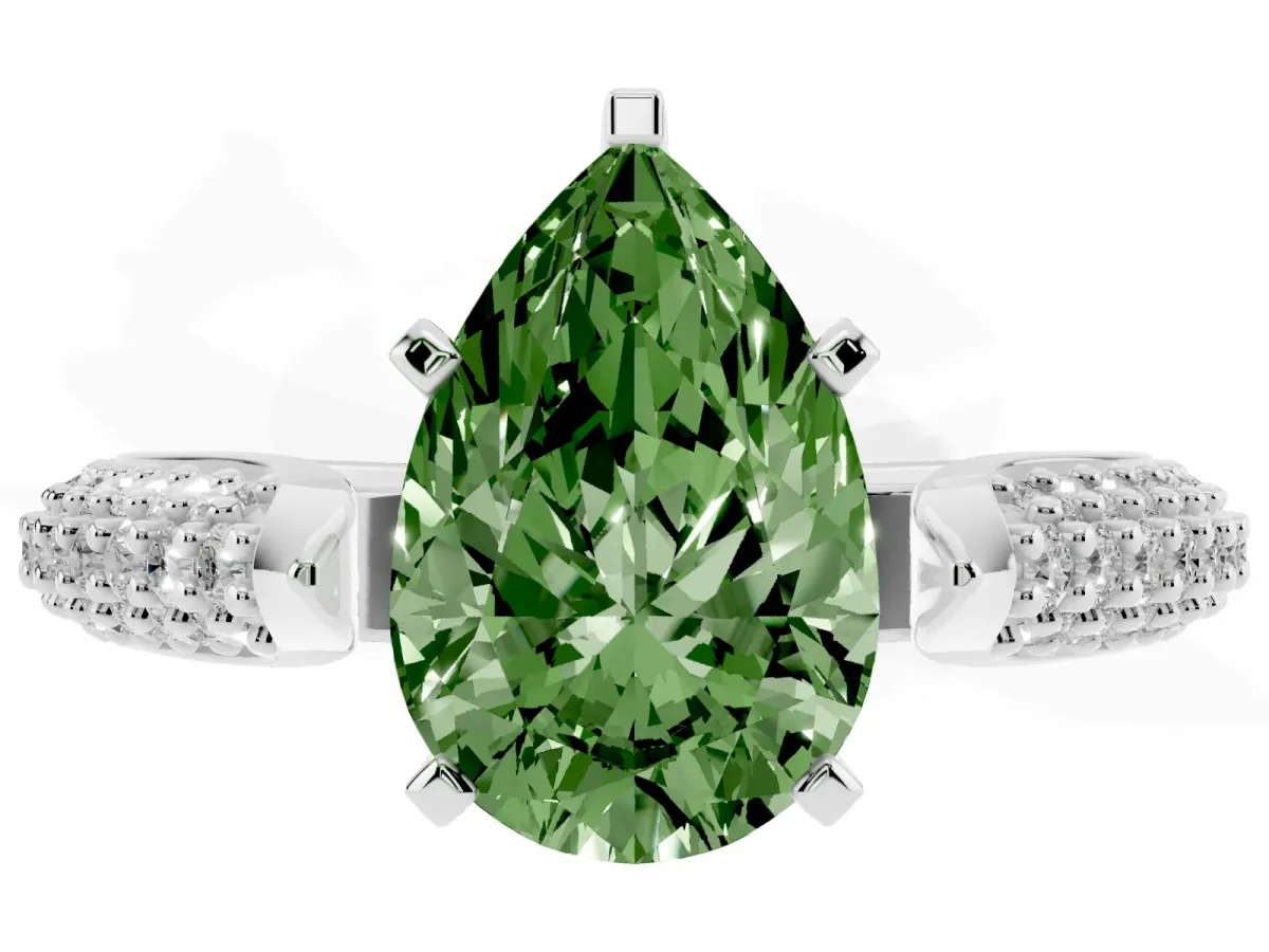 Fancy Green Pear Cut Diamond Solitaire Engagement Ring with Multi-Row Round Pavé Band and Prong Setting Silver