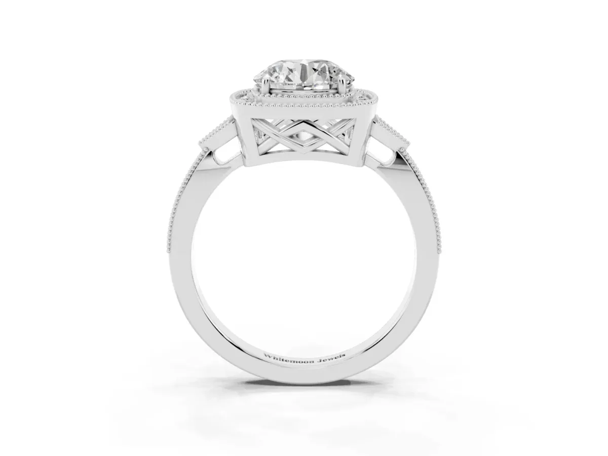 Round Cut Halo Round Diamond Milgrain Pave Engagement Ring Silver