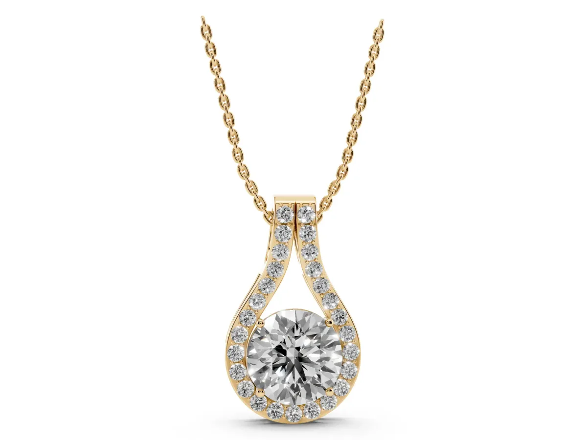 Round Halo Prong Set Pendant Yellow gold