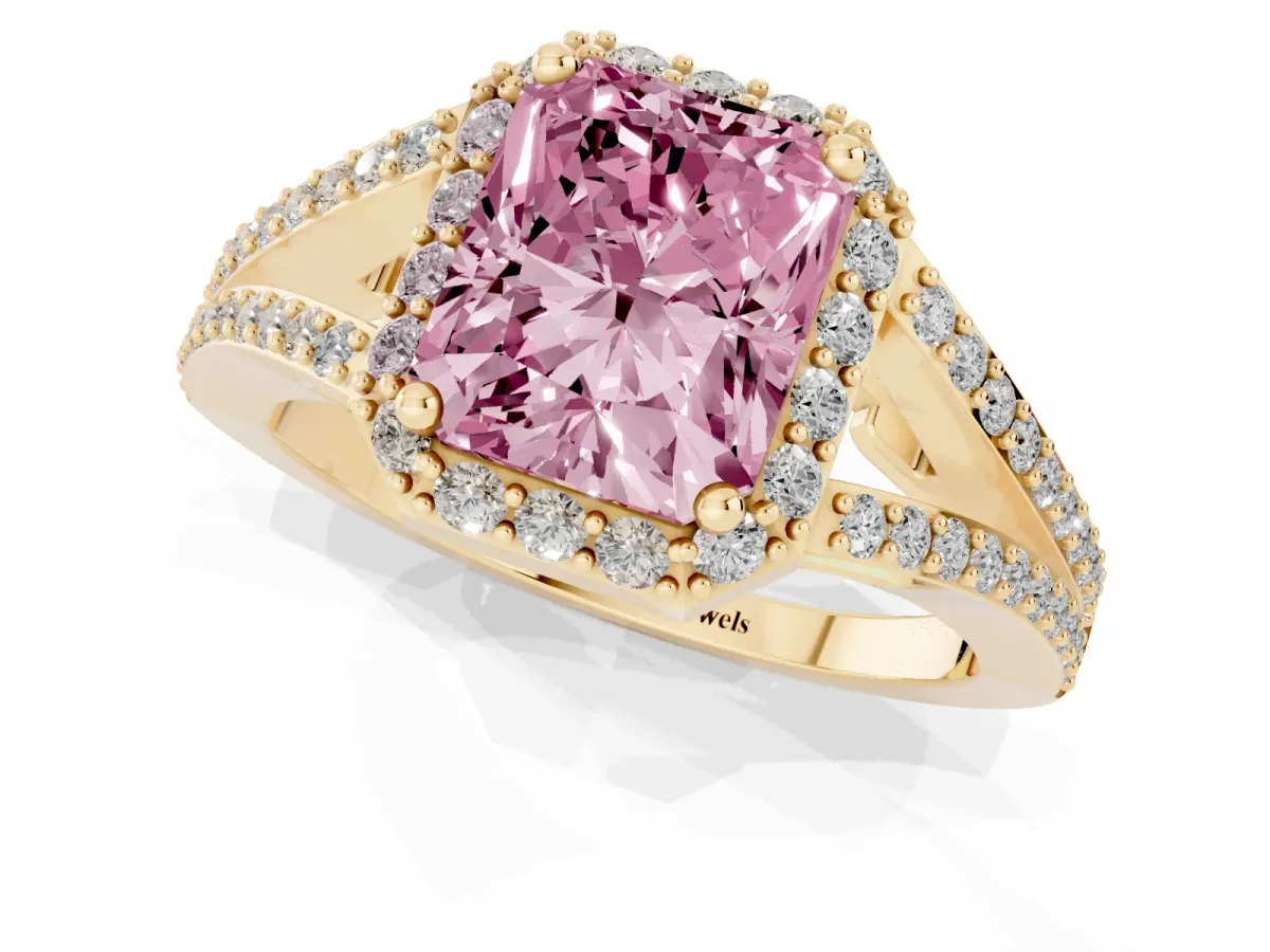Fancy Pink Radiant Cut Halo Split Shank Pave Diamond Ring with Four-Prong Setting Yellow gold