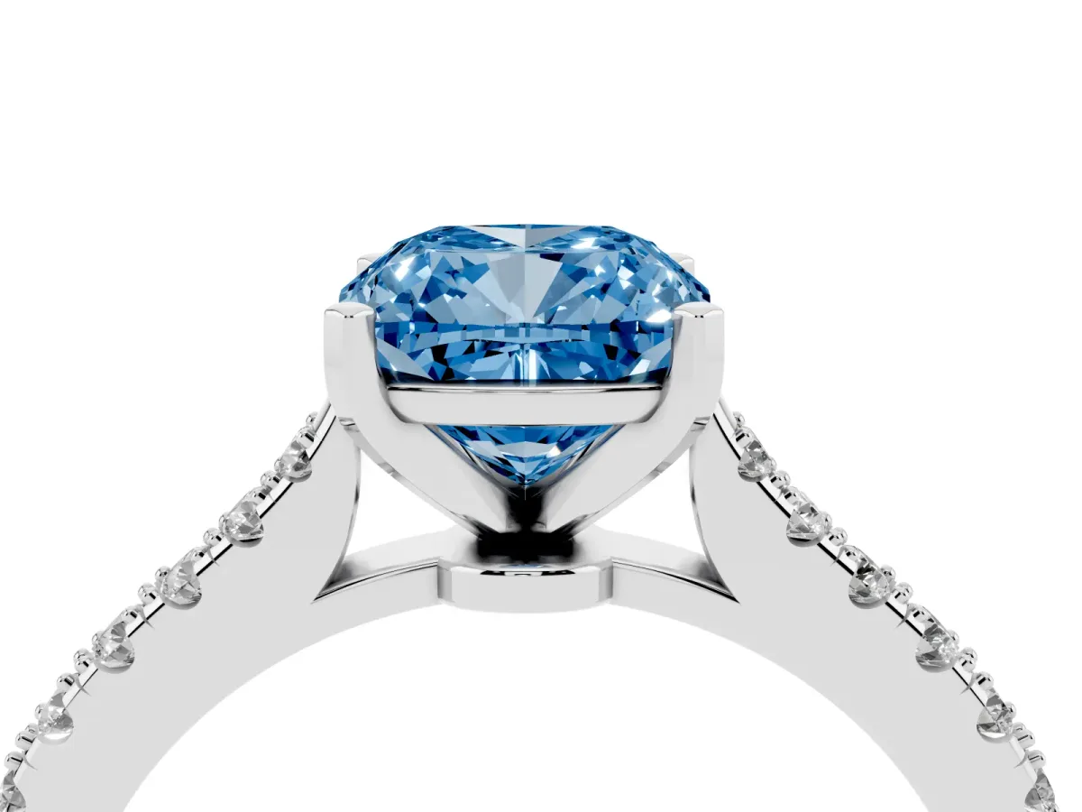 Fancy Blue Cushion Cut Cut Solitaire Diamond Engagement Ring with Pave Band and Four-Prong Setting Platinum