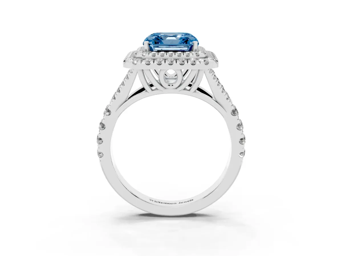 Fancy Blue Asscher Cut Cut Double Halo Split Shank Diamond Ring with Prong Setting Silver