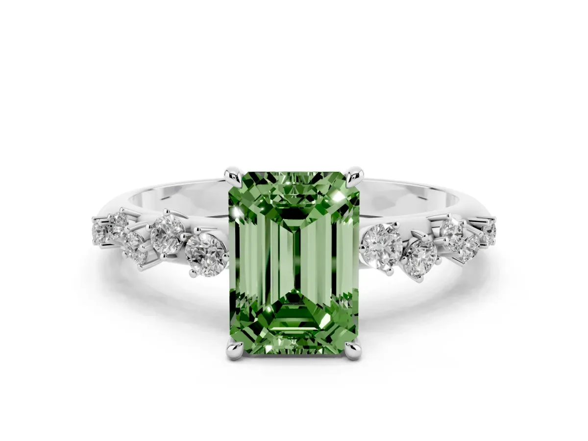 Fancy Green Emerald Cut Diamond Cluster Side Stone Solitaire Ring with Prong Setting Platinum