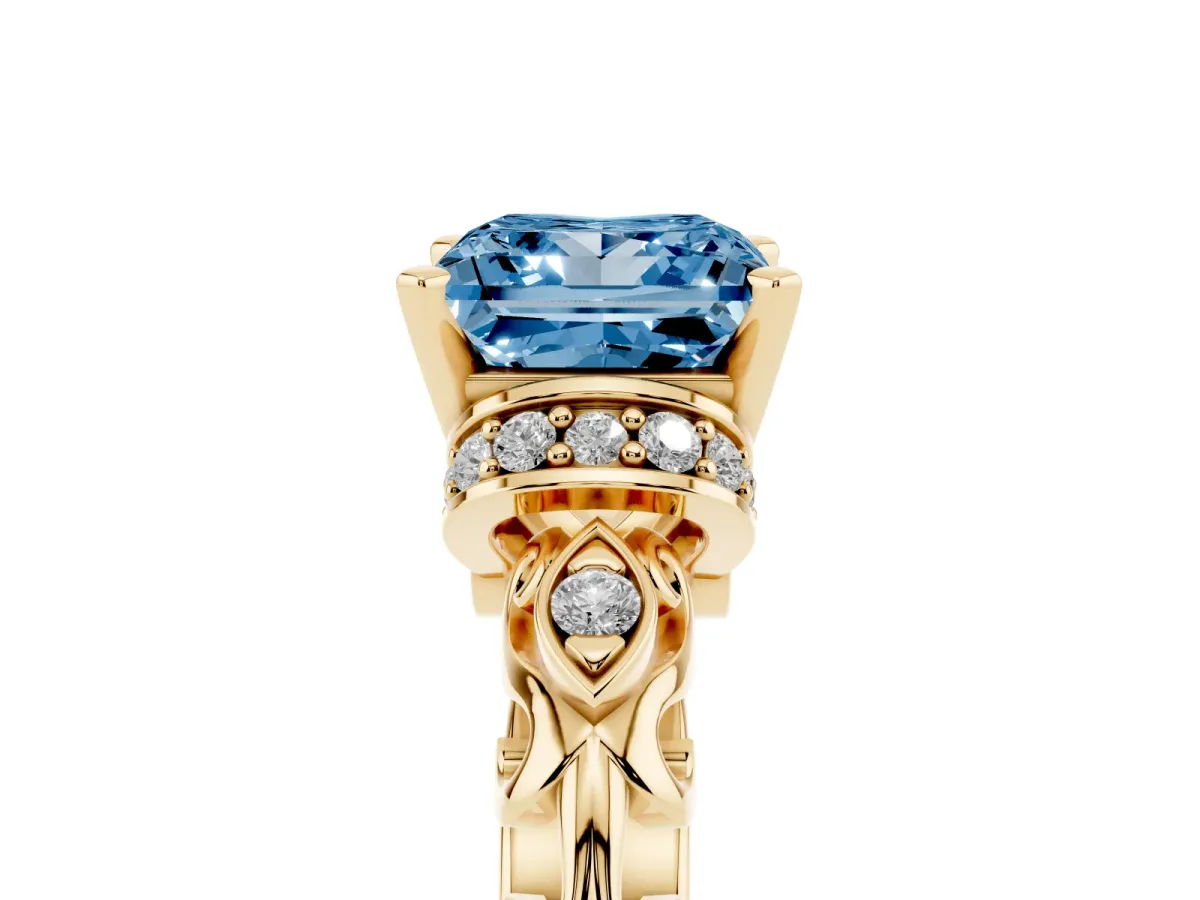 Fancy Blue Princess Cut Diamond Solitaire Ring with Filigree Band and Four-Prong Setting Yellow gold