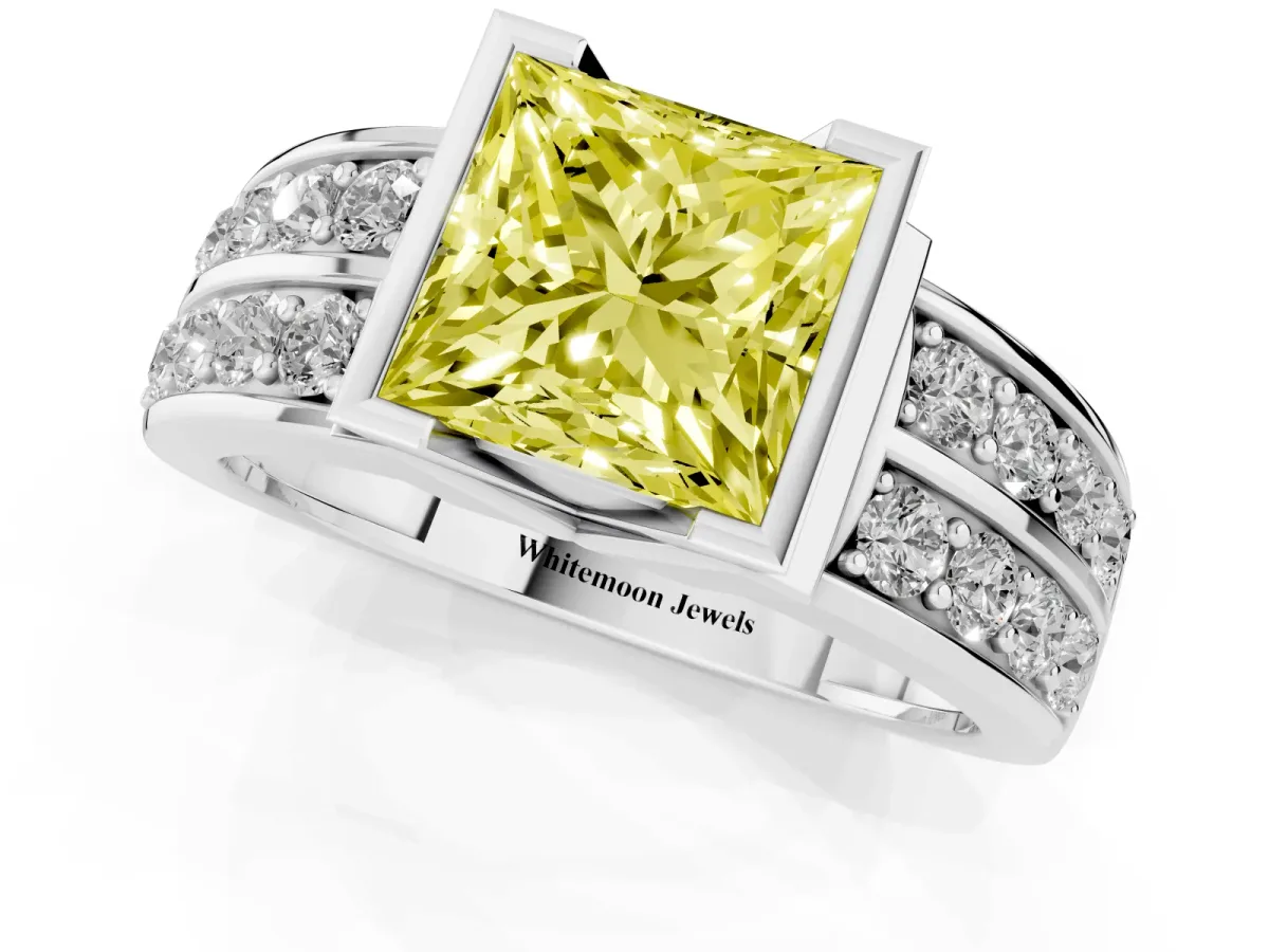 Fancy Yellow Princess Cut Brilliant Diamond Channel Set Wide Band Ring with Bezel Setting Silver