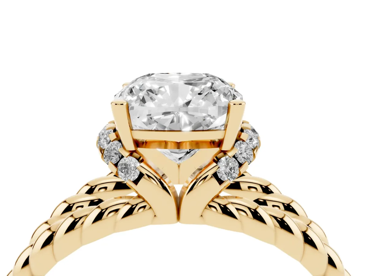 Cushion Cut Halo Twisted Band Four-Prong Ring Yellow gold