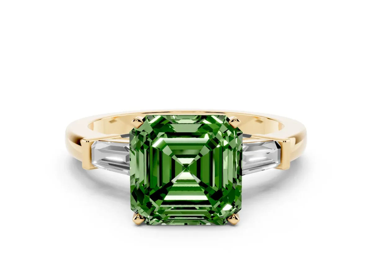 Fancy Green Asscher Cut Cut Diamond Solitaire Ring with Tapered Baguette Accents and Four-Prong Setting Yellow gold