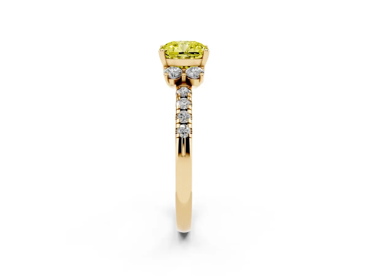 Fancy Yellow Cushion Cut Diamond Three-Stone Pave Band with Four-Prong Setting Yellow gold