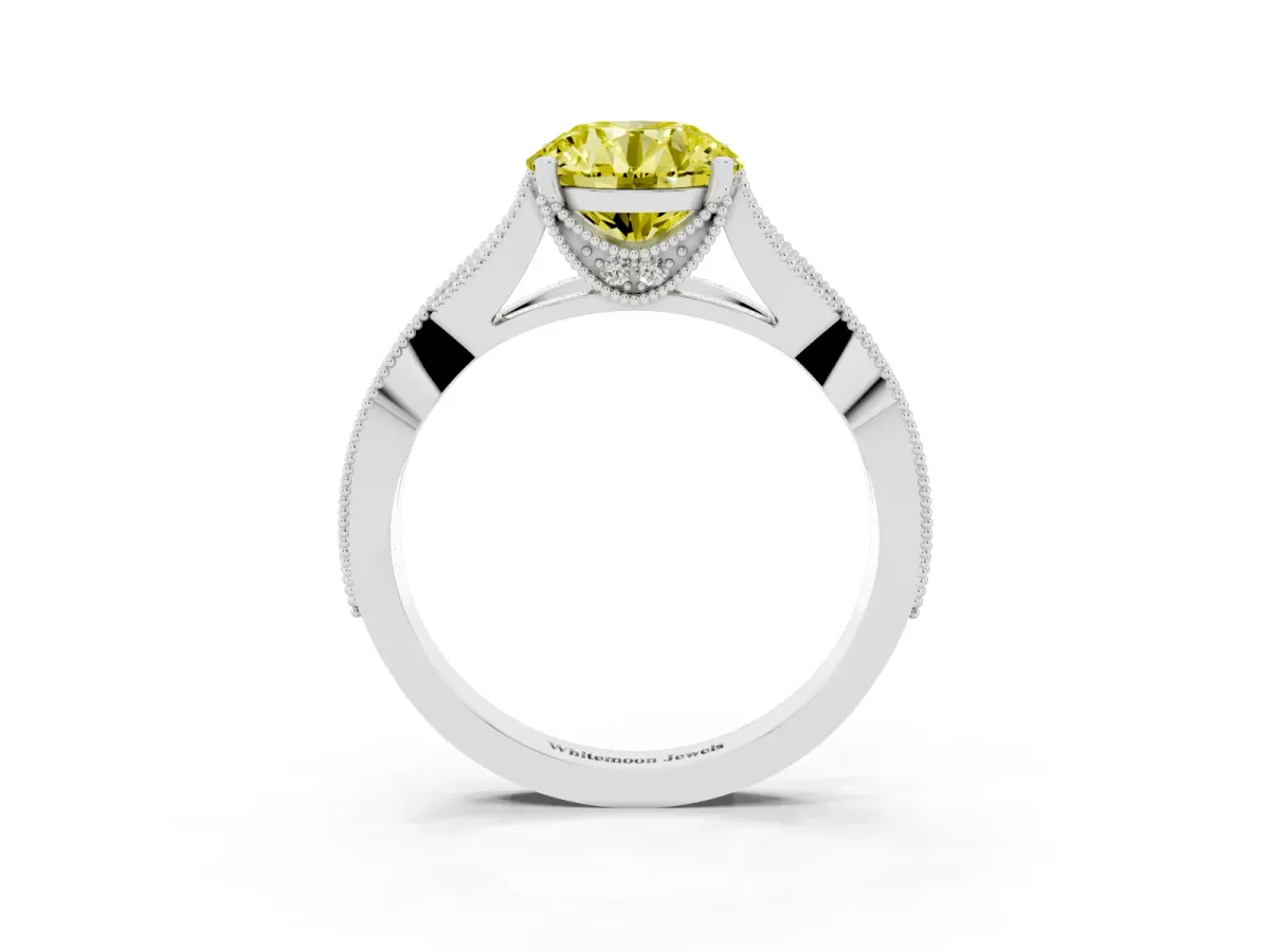 Fancy Yellow Round Cut Cut Diamond Twisted Band with Milgrain Pave Setting and Four-Prong Setting Silver