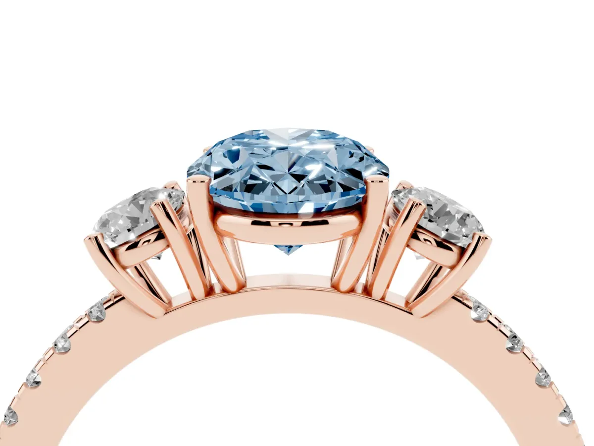 Fancy Blue Three-Stone Oval Cut Cut Diamond Pavé Band with Prong Setting Rose gold