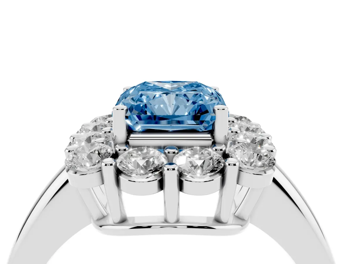 Fancy Blue Radiant Cut Halo Cluster Diamond Engagement Ring with Prong Setting and Polished Band Platinum