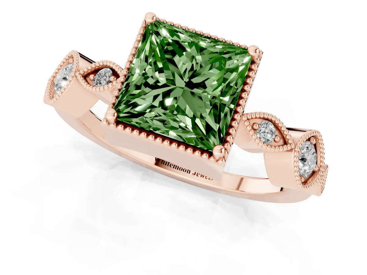 Fancy Green Princess Cut Diamond Vintage Milgrain Ring with Round Stations Rose gold
