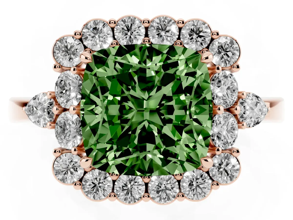 Fancy Green Cushion Cut Diamond Halo Ring with Pear Side Stones and Prong Setting Rose gold