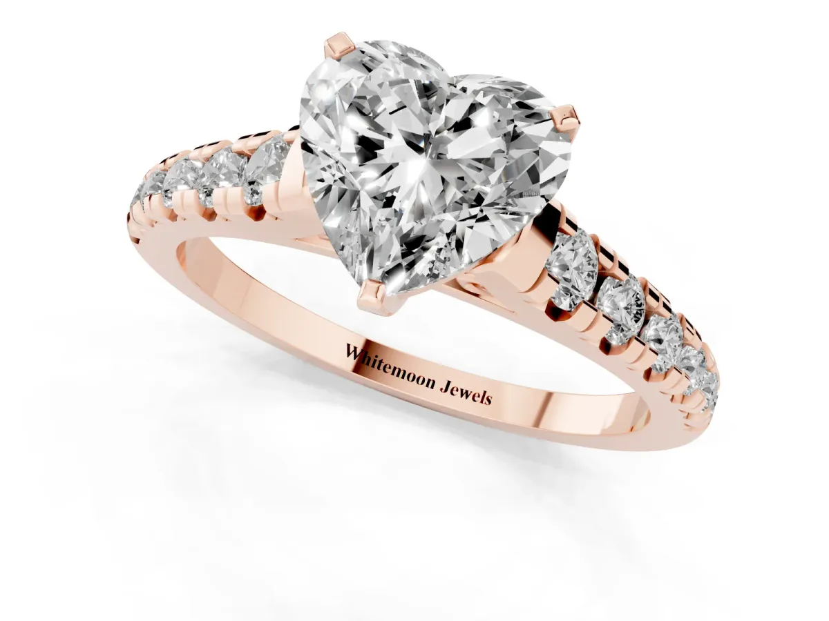 Heart Cut Diamond Cathedral Solitaire Ring with Round Pavé Band Rose gold