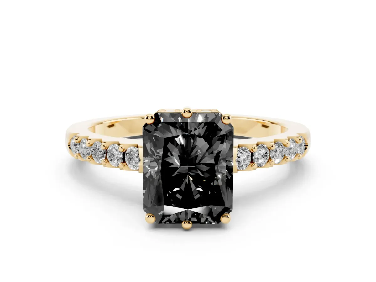 Fancy Black Radiant Cut Solitaire Diamond Engagement Ring with Pavé Band and Six-Prong Setting Yellow gold