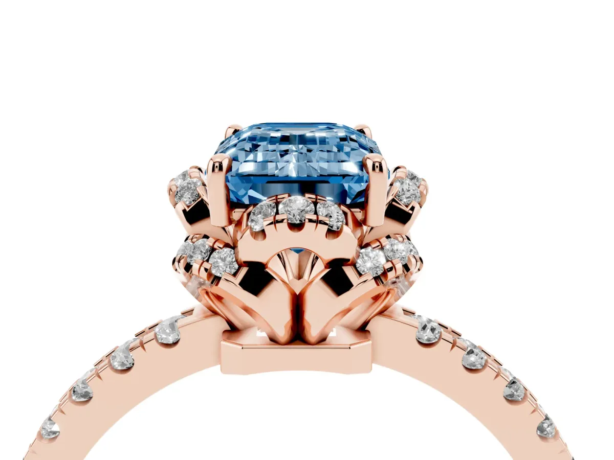 Fancy Blue Emerald Cut Diamond Halo Pave Band with Four-Prong Setting Rose gold