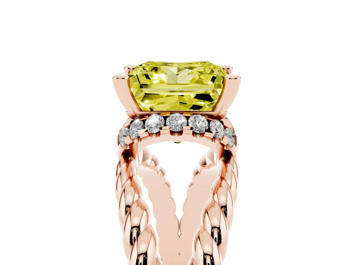 Fancy Yellow Princess Cut Halo Twisted Band Four-Prong Ring Rose gold