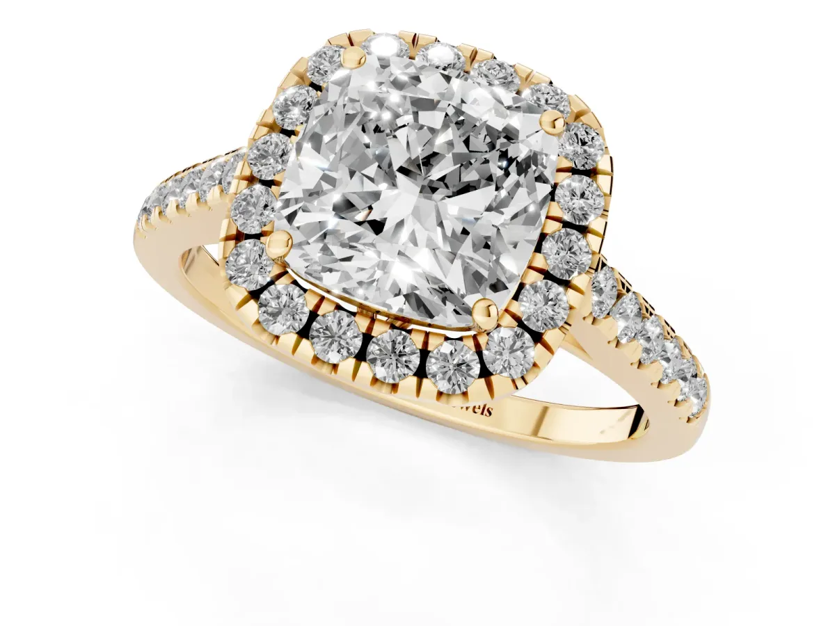 Cushion Cut Halo Pavé Diamond Engagement Ring with Four-Prong Setting Yellow gold