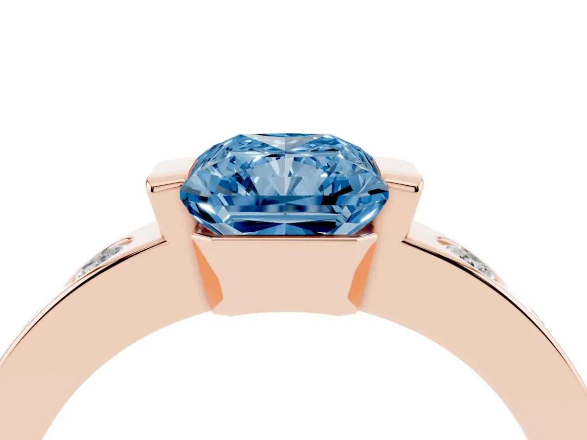 Fancy Blue Radiant Cut Brilliant Channel-Set Diamond Ring with Bezel Prong Setting Rose gold