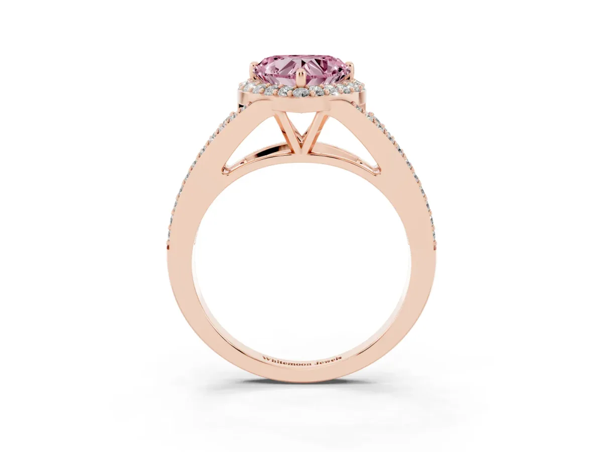Fancy Pink Heart Cut Halo Split Shank Pave Diamond Ring with Four-Prong Setting Rose gold