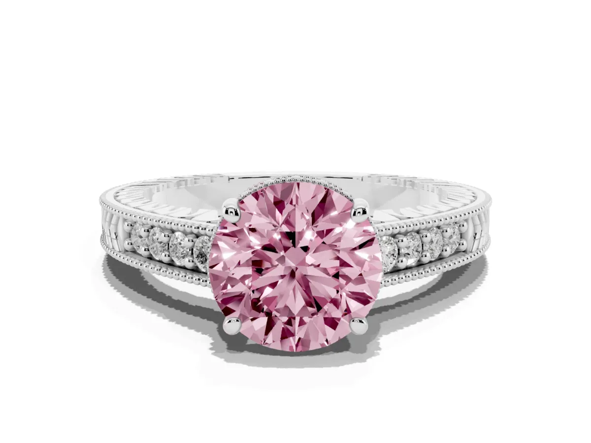 Fancy Pink Round Cut Solitaire Pavé Diamond Milgrain Engagement Ring with Four-Prong Setting Silver