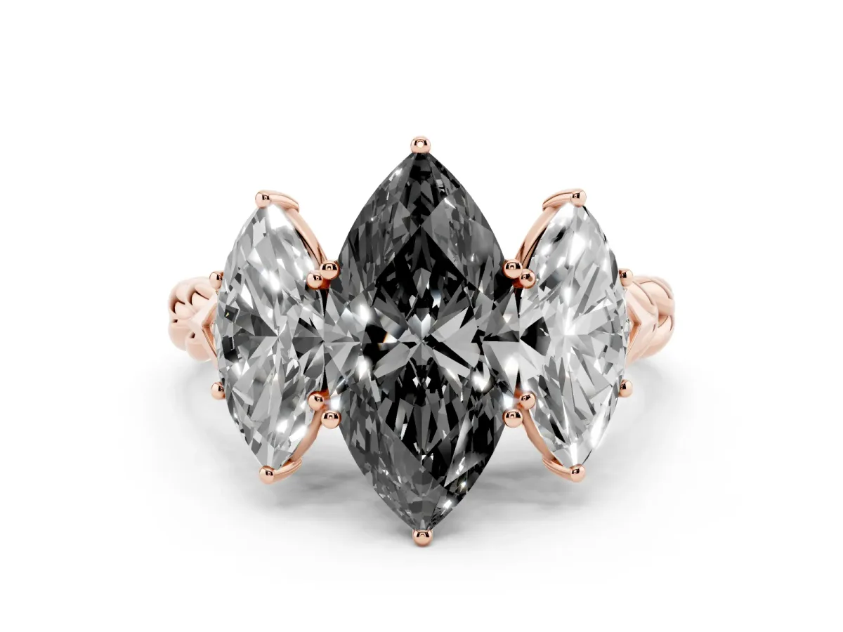 Fancy Black Three-Stone Marquise Cut Diamond Braided Band Ring with Four-Prong Setting Rose gold