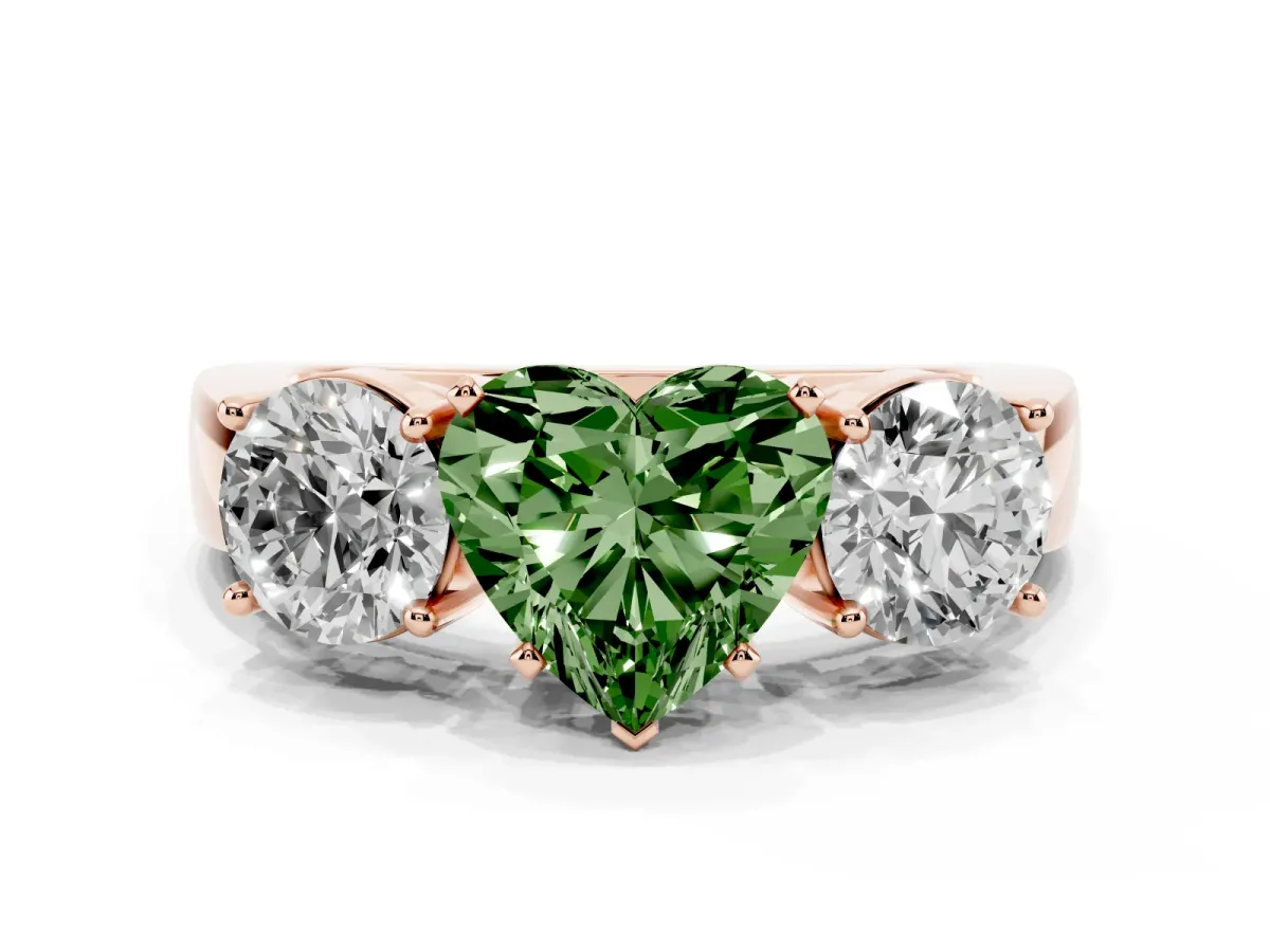 Fancy Green Three-Stone Heart Cut Diamond Ring with Round Side Stones, Classic Band, and Four-Prong Setting Rose gold