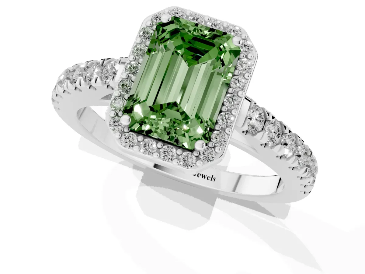 Fancy Green Emerald Cut Cut Halo Diamond Engagement Ring with Pave Band and Four-Prong Setting Platinum