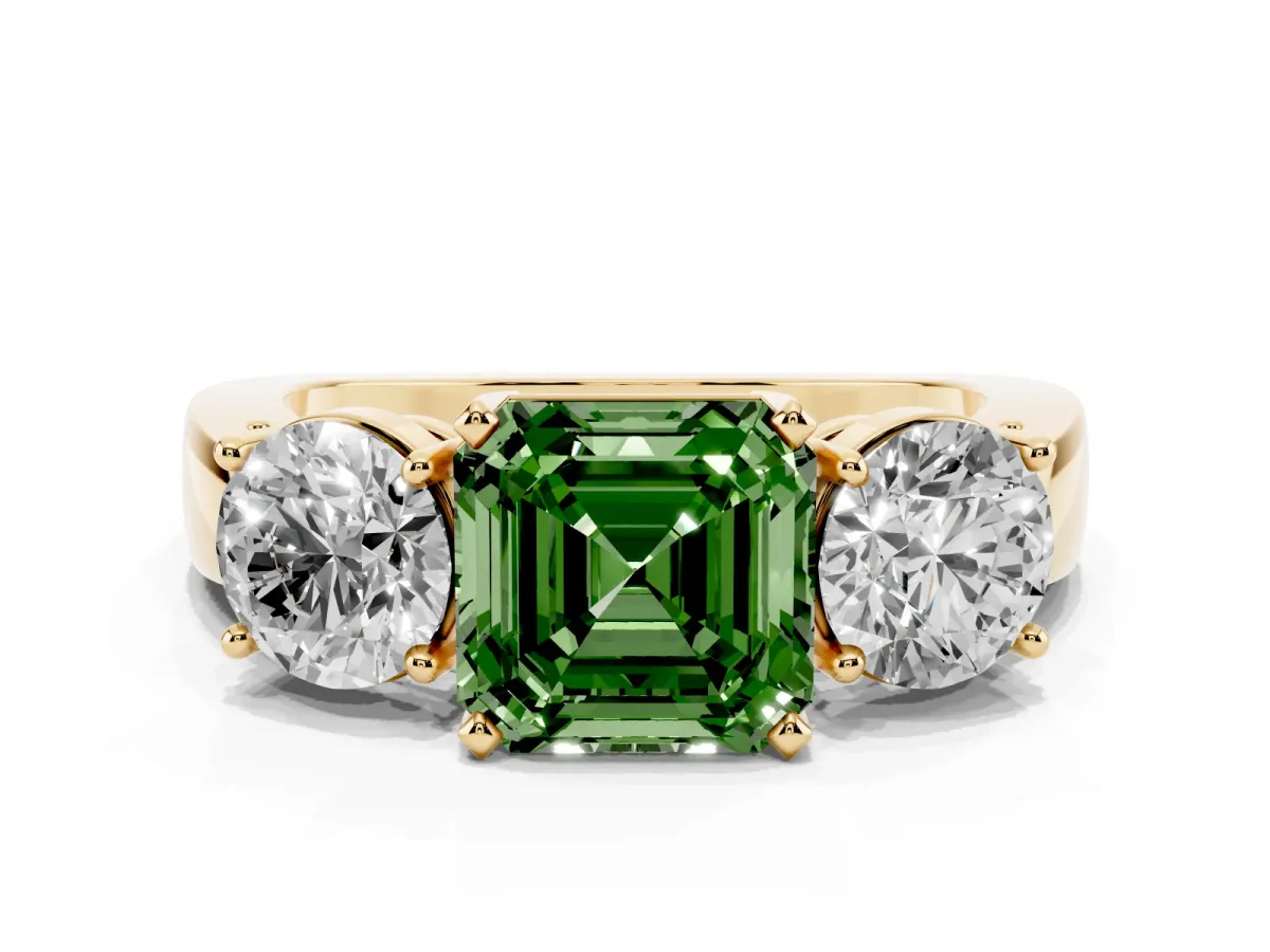 Fancy Green Three-Stone Asscher Cut Diamond Ring with Round Side Stones, Classic Band, and Four-Prong Setting Yellow gold