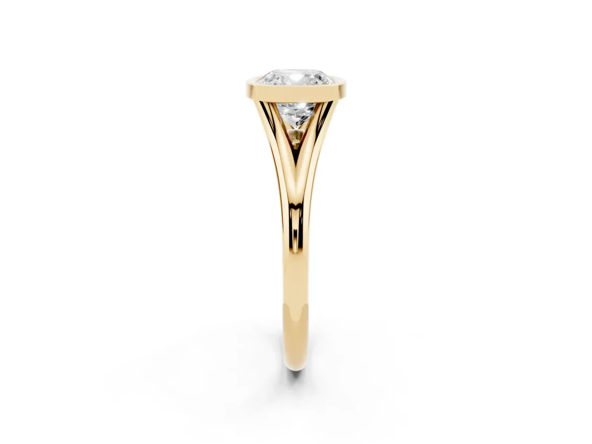 Bezel Set Cushion Cut Cut Solitaire Ring with Tapered Band Yellow gold