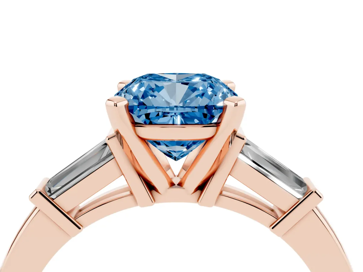 Fancy Blue Cushion Cut Cut Diamond Solitaire Ring with Tapered Baguette Accents and Four-Prong Setting Rose gold