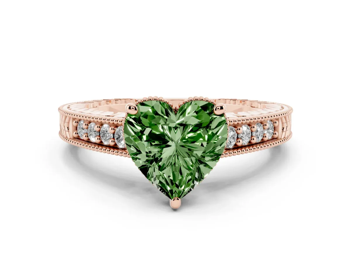 Fancy Green Heart Cut Solitaire Pavé Diamond Milgrain Engagement Ring with Four-Prong Setting Rose gold