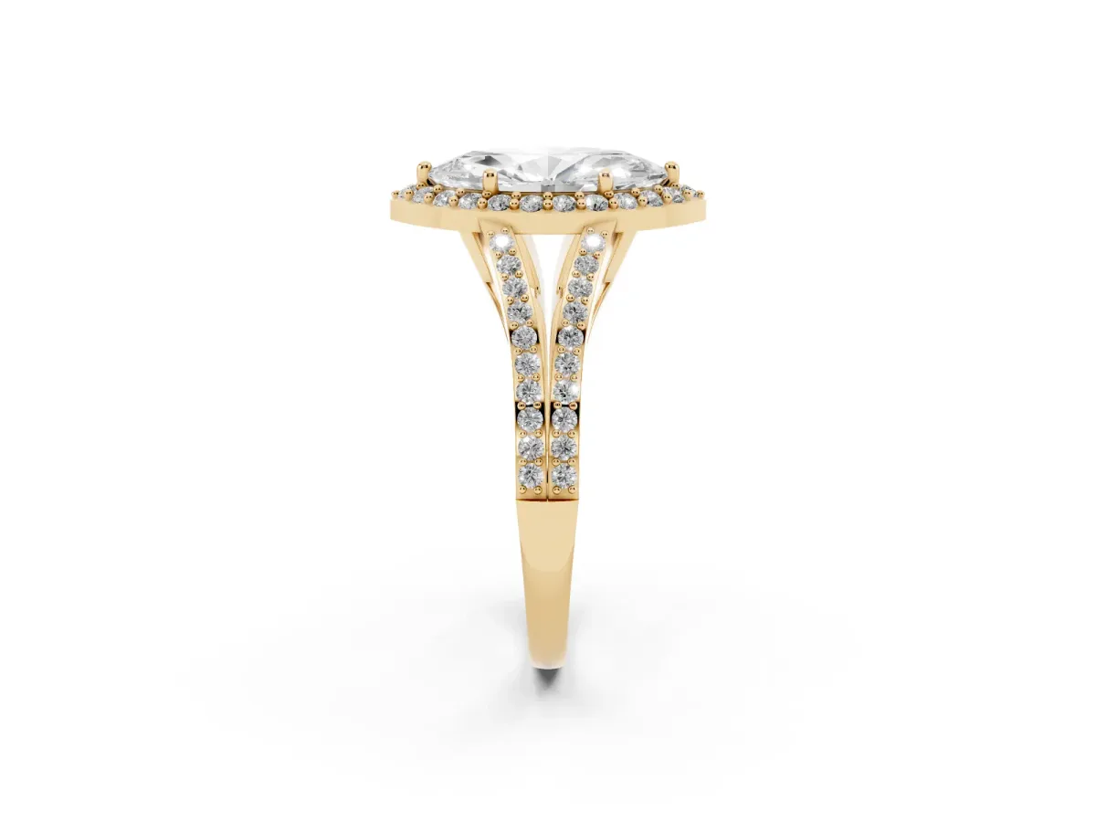 Marquise Cut Halo Split Shank Diamond Ring with Prong Setting Yellow gold
