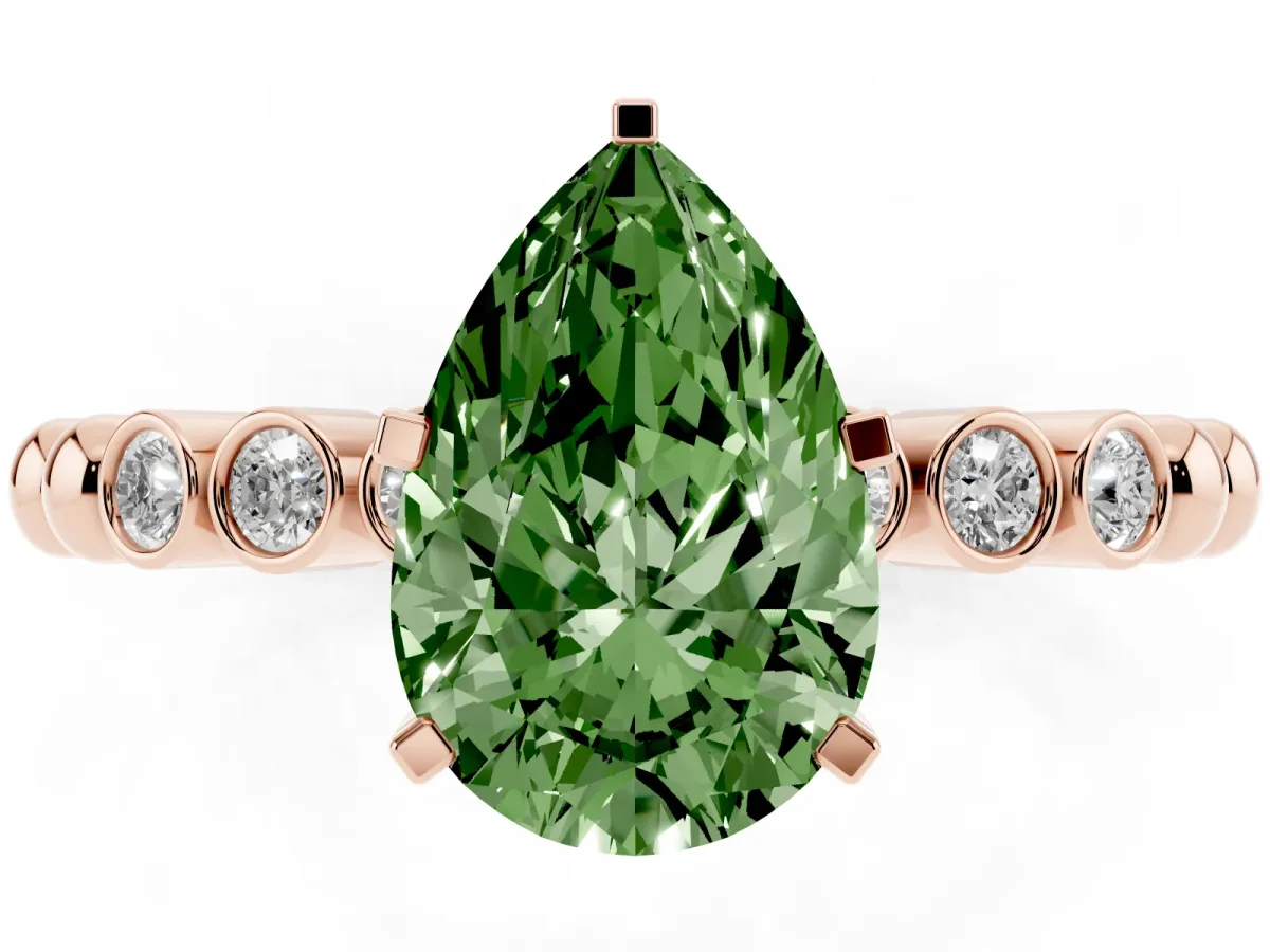 Fancy Green Pear Cut Solitaire Bezel Accent Diamond Engagement Ring with Beaded Band and Four-Prong Setting Rose gold