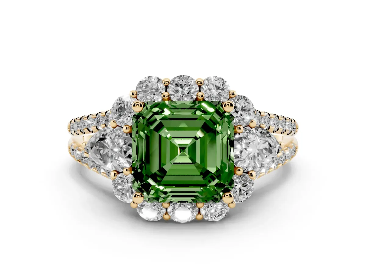 Fancy Green Asscher Cut Halo Split Shank Diamond Engagement Ring with Prong Setting Yellow gold
