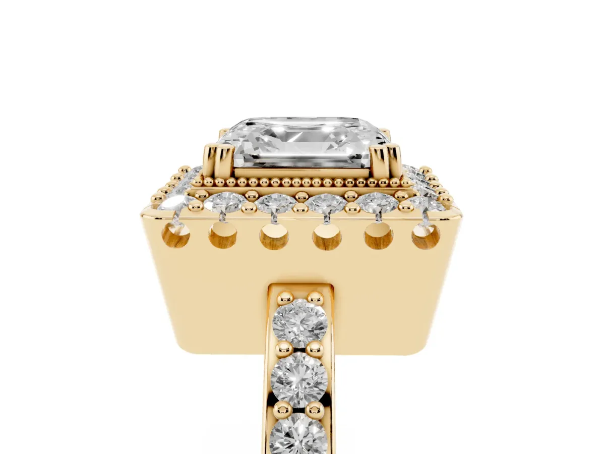 Asscher Cut Diamond Halo Ring with Pavé Band and Prong Setting Yellow gold