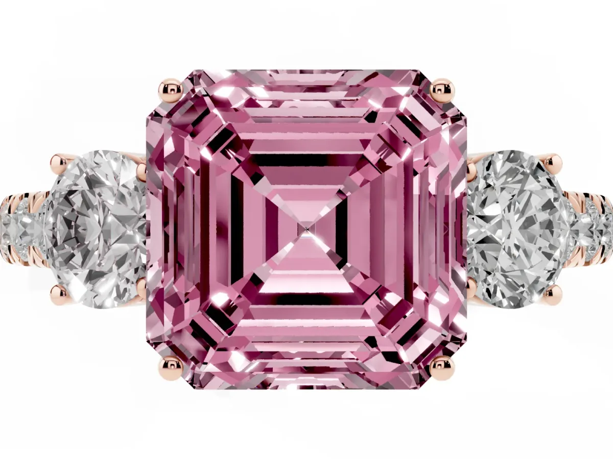 Fancy Pink Asscher Cut Cut Diamond Three-Stone Ring with Round Side Stones and Pavé Band Rose gold
