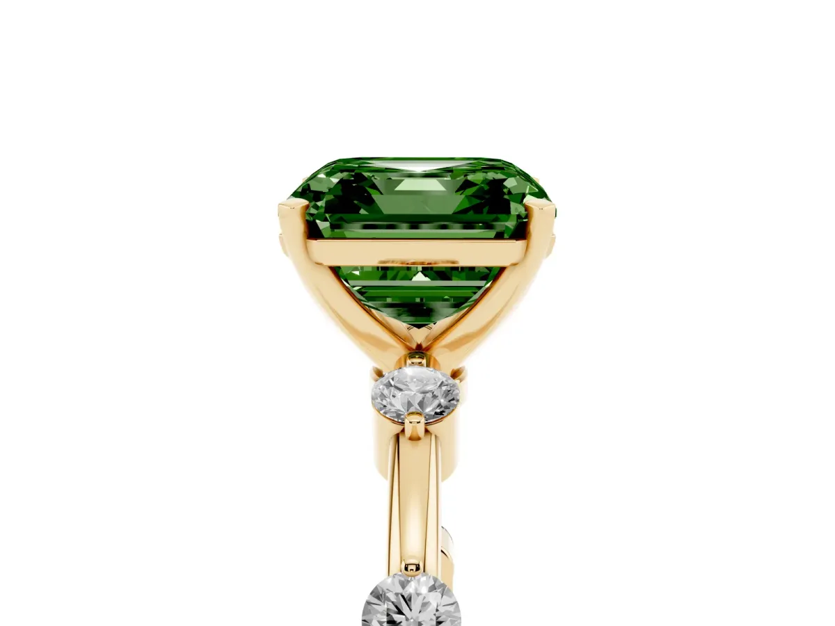 Fancy Green Asscher Cut Solitaire Diamond Ring with Bezel Set Side Stones and Prong Setting Yellow gold